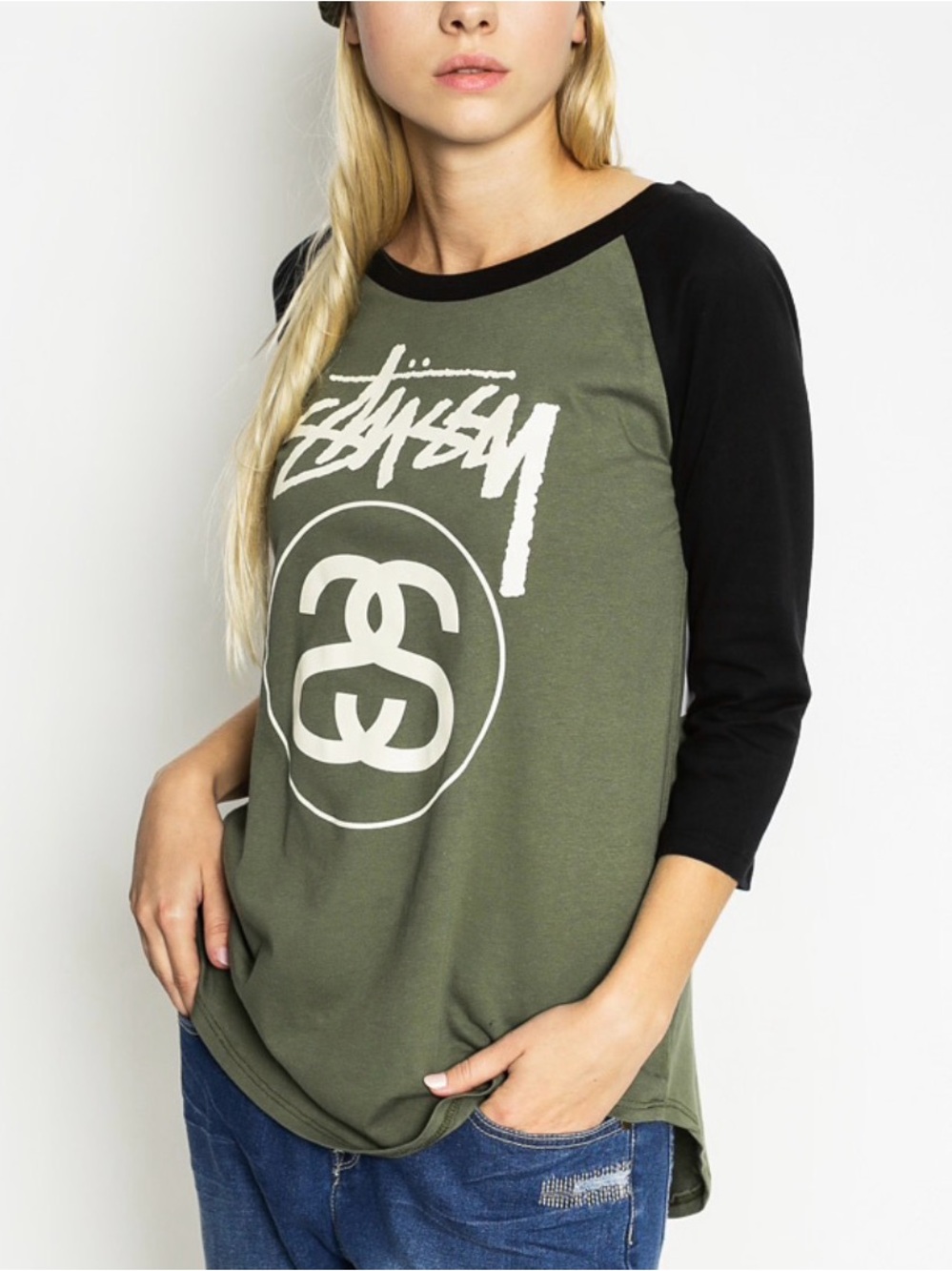 Stussy Olive Green & Black Raglan Graphic Long Sleeve Tee